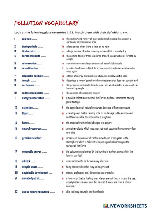 Pollution Vocabulary Matching Activity Online Exercise For Live Worksheets