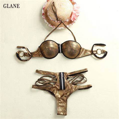 Sexy Women Bikini Set Halter Shining Zipper Solid Gold Bordered Bandage