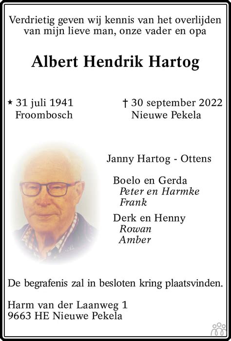 Albert Hendrik Hartog Overlijdensbericht En Condoleances