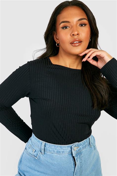 Womens Black Plus Soft Jumbo Rib Long Sleeve Top Boohoo Uk