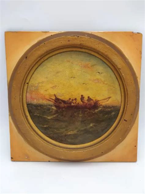 TABLEAU ROND J H ALLEMAND Huile Sur Bois HSB XIX Marine Bateau Paysage