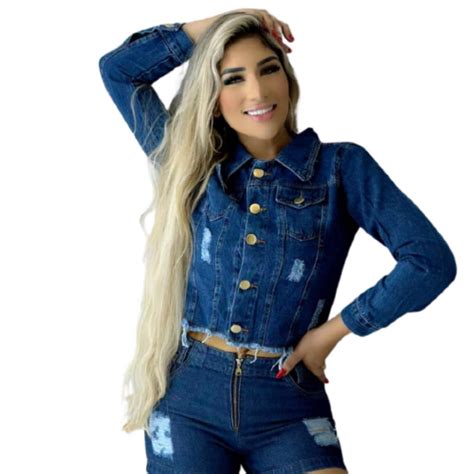 Jaqueta Jeans Feminina Jaquetinha Curta Azul Escura Adicione Atitude E