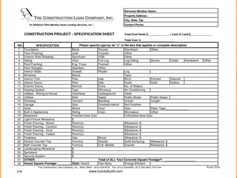 Building Specification Template Spec Sheet Template Spec Sheet Template