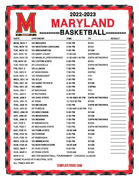 Printable 2022-2023 Maryland Terrapins Basketball Schedule