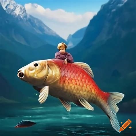 Satirical Illustration Of Angela Merkel Riding A Carp In The Alps On