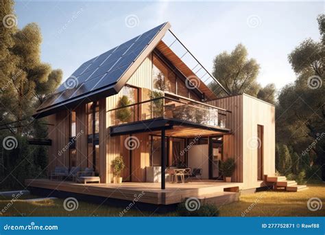 Sustainable Home With Solar Panels On Roof Generative AI Stock Image