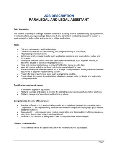 Paralegal And Legal Assistant Job Description Template Download