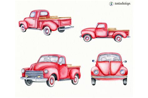 Red Christmas Trucks Watercolor Clipart Classic Cars Old Timer Png By