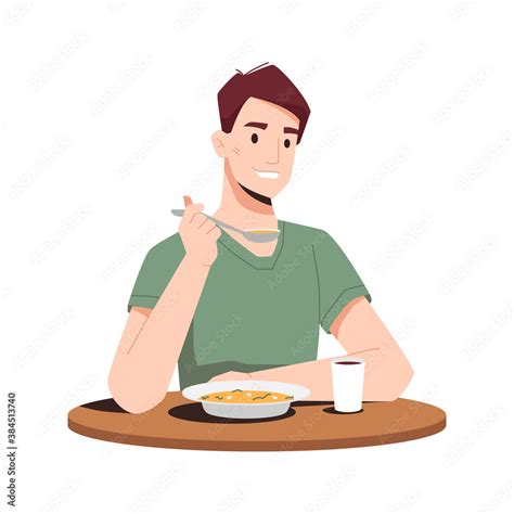 Happy guy eating dinner isolated flat cartoon person eating soup first ...