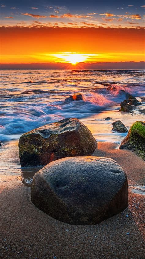 Coast Rocks Sunset Sea Wallpaper