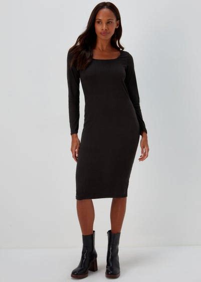 Black Square Neck Ribbed Long Sleeve Midi Dress Reviews Matalan