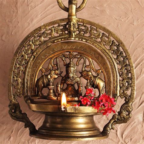 A Rare Antique Gajalaxmi Hanging Lamp That Was Used For Decades For The