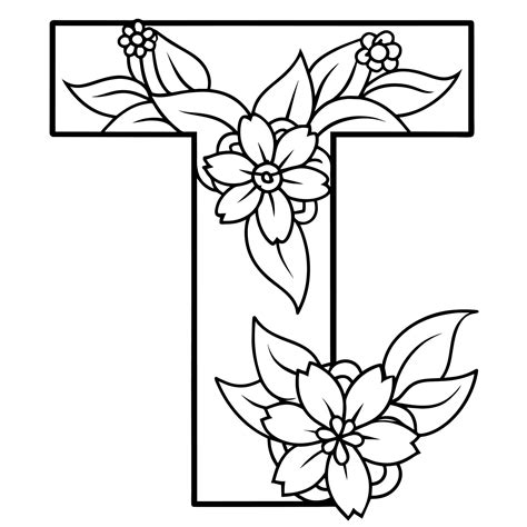 Alphabet T Coloring Page With The Flower T Letter Digital Outline