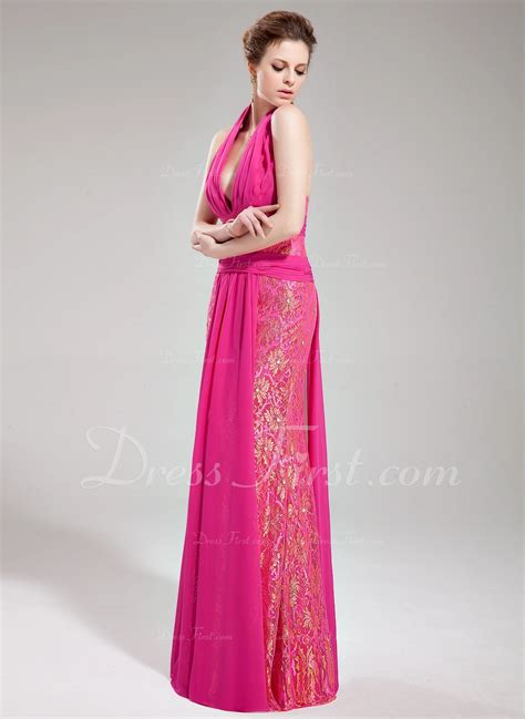 Sheath Column Halter Floor Length Chiffon Lace Evening Dress With