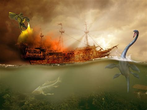 Two Dragons And Monsters Attacking A Boat Image Free Stock Photo