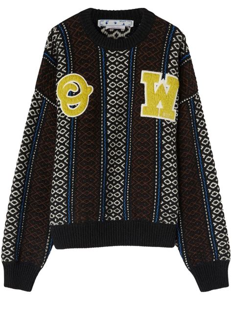 Off White Intarsia Knit Logo Embellished Jumper Blue Farfetch