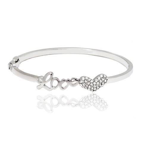 Silver And Swarovski Elements Love Heart Bangle Bracelet Bellechic