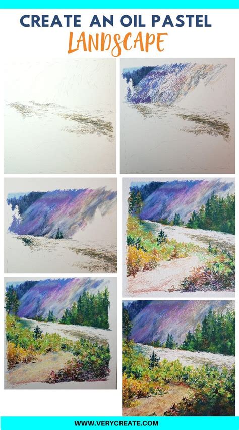 four different pictures with the words create an oil pastel landscape ...