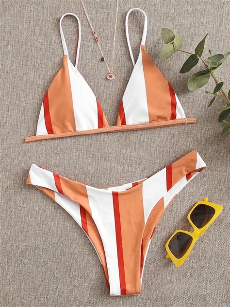 Striped High Leg Bikini Swimsuit ROMWE USA Bikinis Bikini