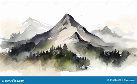 High Quality Watercolor Mountain Silhouette Painting Stock Illustration