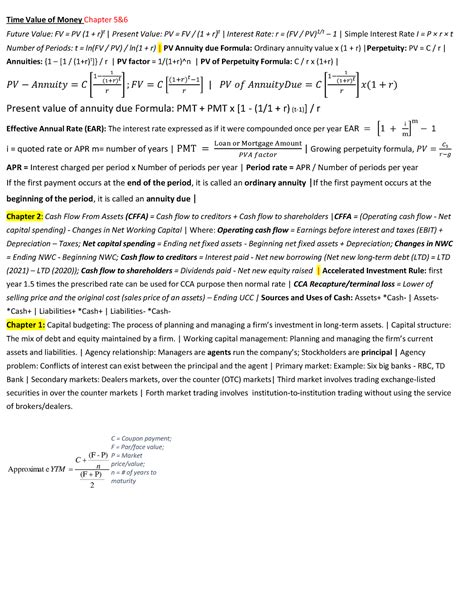 Comm 203 Midterm Formula Sheet Time Value Of Money Chapter 5 Future