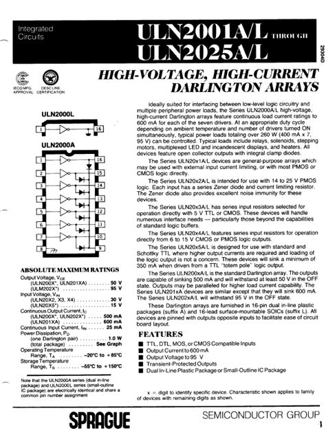 Uln L Datasheet High Current Darlington Arrays