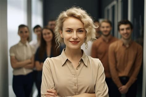 Premium Ai Image A Woman Stands In Front Of A Group Of People