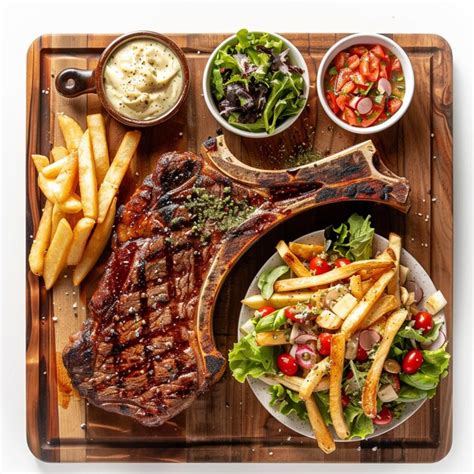 Top View Of A Big Tomahawk Steak With French Fries And Caesar Salad Premium Ai Generated Image