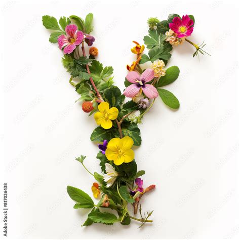 Letra Y Feita De Flores E Folhas Naturais Reais Em Fundo Branco Stock