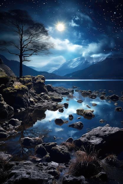 Premium AI Image | Vertical beautiful night landscape with lake and ...