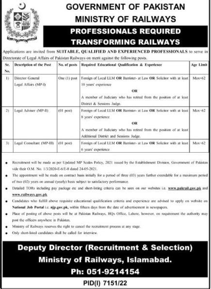 Ministry Of Railway Islamabad Announces Multiple Jobs 2024