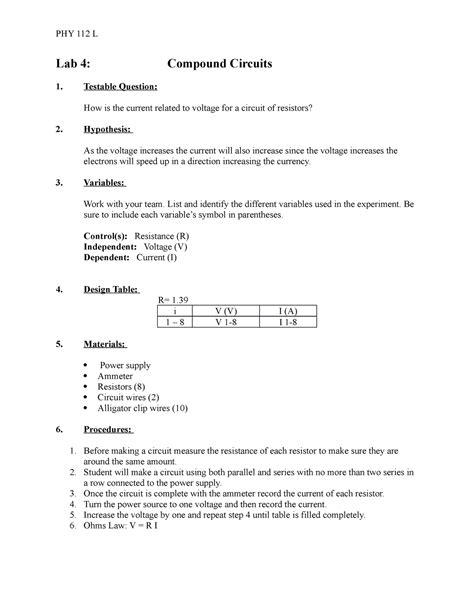 Phy112l Lab 4 Of Weekly Lab Reports Lab 4 Compound Circuits 1