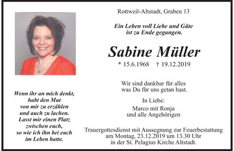 Traueranzeigen von Sabine Müller Schwarzwälder Bote Trauer