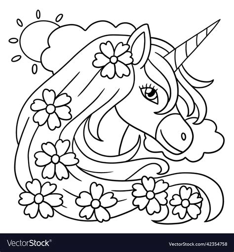 Unicorn Flower Coloring Page For Kids Royalty Free Vector