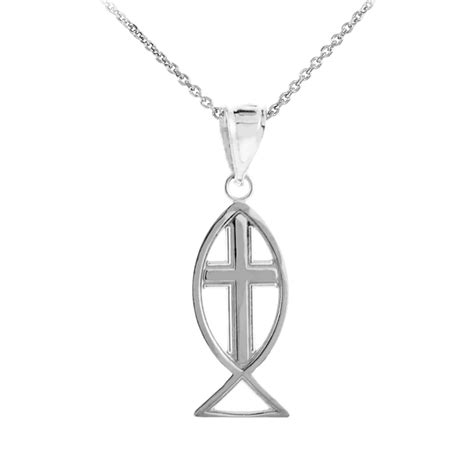 White Gold Ichthus Fish Cross Pendant Necklace 14k Pendant With 18