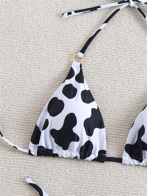 SHEIN Swim 2pcs 2025 Women Summer Beach Cow Print Halter Tie Side Sexy Bikini Swimwear Set For