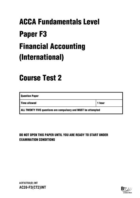 Progress Exam Questions 1 ACF3CT08 D INT AC28 F3 CT2 INT ACCA