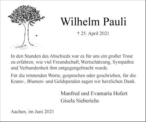 Traueranzeigen Von Wilhelm Pauli Aachen Gedenkt