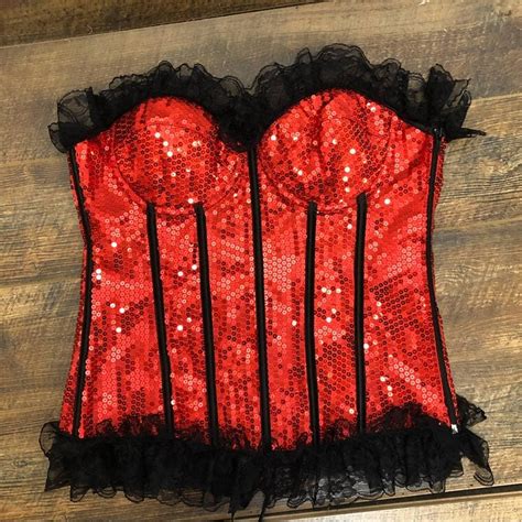 Red Sequin Corset Lace Trimmed Womens Large Side Depop