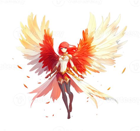 winged female anime character  fiery wings  red hair  dynamic