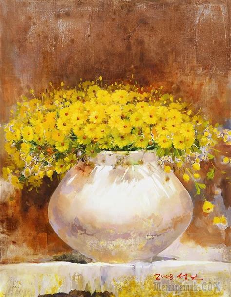 A Painting Of Yellow Flowers In A White Vase