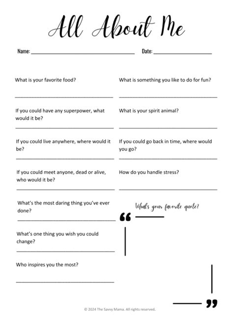 Printable All About Me Questions A Guide To Self Discovery And Connection Editable Template