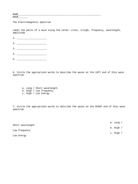 Electromagnetic Spectrum Worksheet | PDF | Electromagnetic Spectrum ...