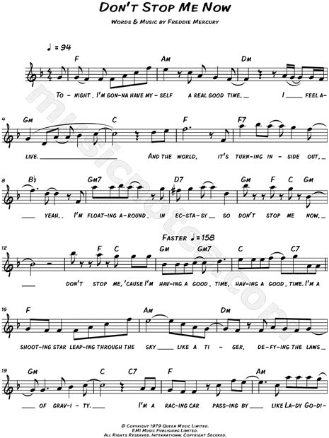 Queen Dont Stop Me Now Sheet Music Leadsheet In F Major