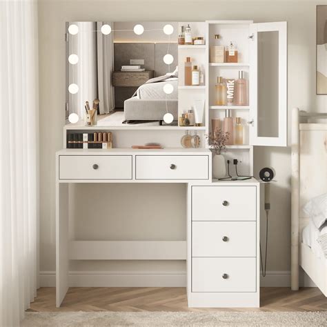 Veanerwood Makeup Vanity Desk With Lighted Mirror And Power Strip