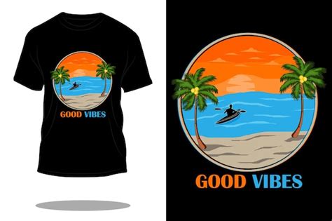 Bonne Conception De T shirt Rétro De Plage De Bonnes Vibrations