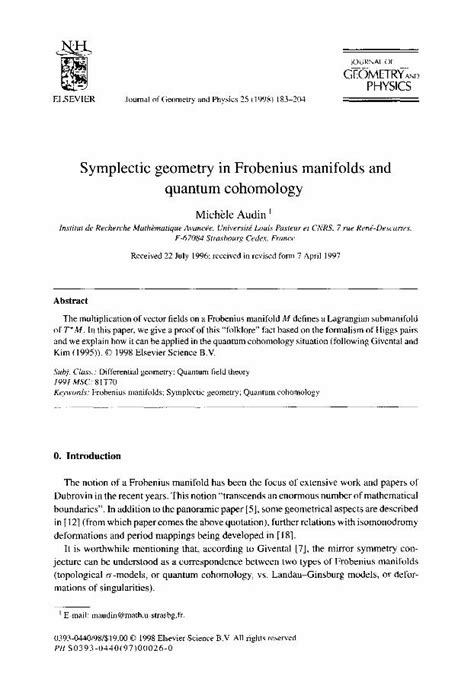 PDF Symplectic Geometry In Frobenius Manifolds And Quantum Irma