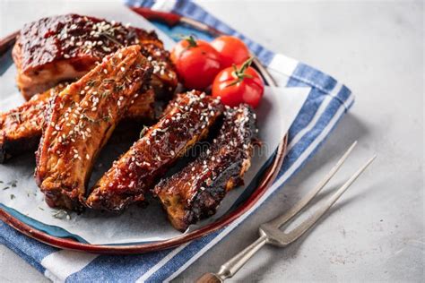 Smoked Roasted Pork Ribs On The Plate Delicious Grilled Bbq Rib Stock