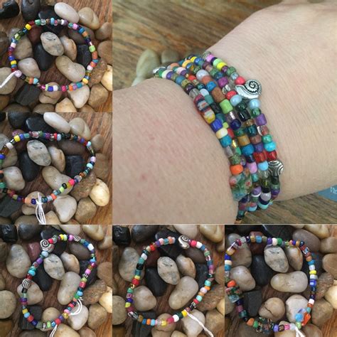 5 Five Multi Colored Seed Bead Stretch Bracelets Handcrafted Boho