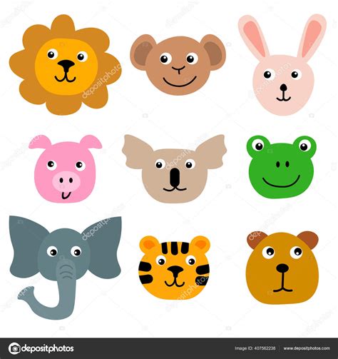 Cartoon Faces Zoo Animals Flat Style Isolated White Background Animal